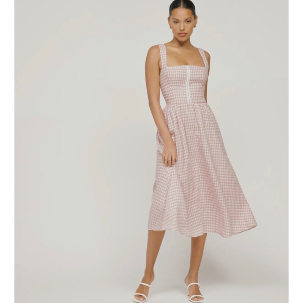 NWT Reformation Tagliatelle Linen Midi Dress Blush Check Checkered Hook Eye 12